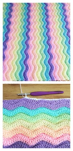 crochet ripple afghan pattern with yarn on the bottom and in the middle, along with a knitting needle