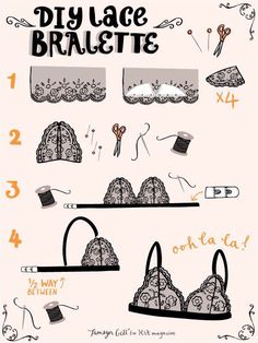 the instructions for how to make a bralet with lace on it and scissors, thread,