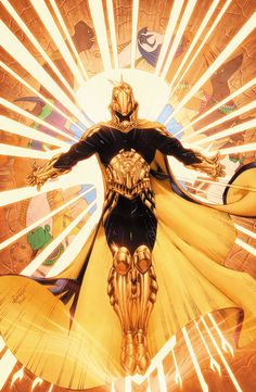 an image of a comic character with his arms out in front of the sun shining behind him