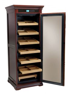 an open wooden cabinet with several trays on the bottom and one drawer in front