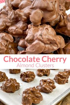 Collage of chocolate covered cherries and almonds in cluster shapes with text Recipe Using Dried Cherries, Dried Cherry Recipes, Dried Fruit Recipe, Salted Almonds, Almond Clusters, Chocolate Melting, Chocolate Candy Recipes