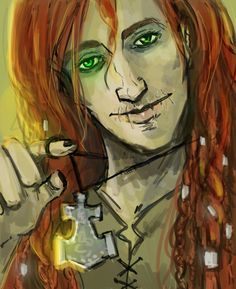 a drawing of a woman with long red hair and green eyes holding a cell phone