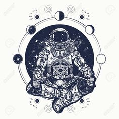 an astronaut sitting in the lotus position surrounded by planets and stars, on a white background