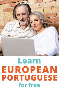 an older couple looking at a laptop with the text learn european portuguese for free