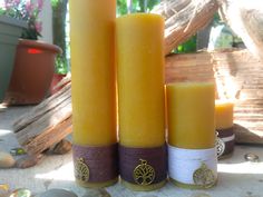 three yellow candles sitting next to each other in front of some rocks and wood logs