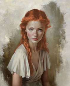 a painting of a woman with red hair and blue eyes, wearing a white dress