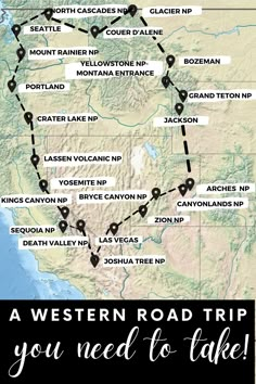 the western national park road trip map is shown in black and white with yellow arrows