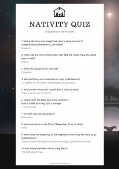 the nativity quiz is shown in front of a night sky with stars and clouds