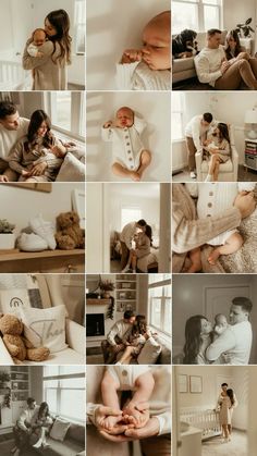 a collage of photos showing people and babys in their living room, with one woman holding a teddy bear