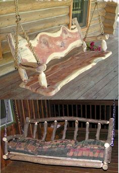 a wooden bench sitting on top of a porch next to a log cabin style swing bed