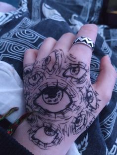 a person's hand covered in black ink with an eye drawn on the palm