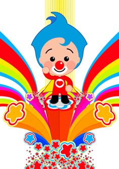 a clown with blue hair and red nose sitting on top of a colorful flower arrangement