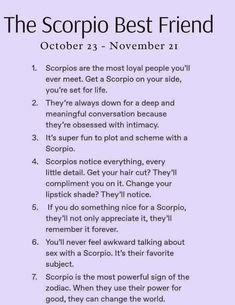 the scorpio best friend poem is shown in black and white with purple background