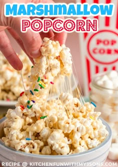 someone is sprinkling marshmallow popcorn into a bowl with the words, how to make marshmallow popcorn