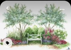 a drawing of a bench in the middle of a garden with trees and flowers around it