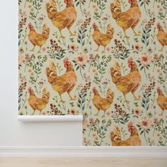 a wallpaper with roosters and flowers on it in the corner of a room