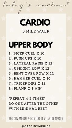 the cardio 5 mile walk upper body workout plan is shown in black and white