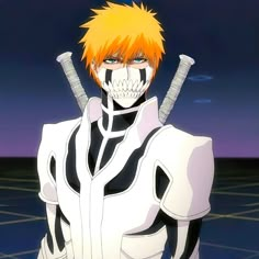 an anime character with orange hair and white skin holding two swords in front of the camera