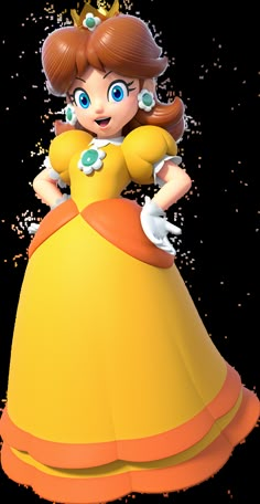 the princess is wearing an orange dress and tiara with her hands on her hips