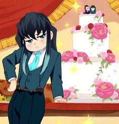 an anime character standing in front of a wedding cake