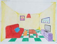 a drawing of a living room with a red couch and coffee table in the corner