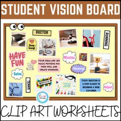 a bulletin board with pictures on it and the words clip art worksheets written below