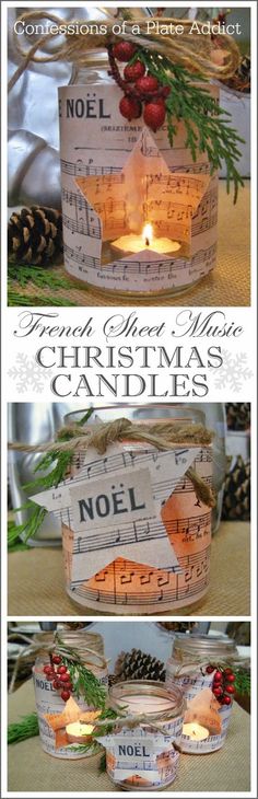 christmas candle holders made out of old sheet music sheets and pine cones are the focal point for this diy project