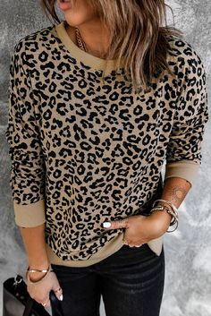 Black and White Leopard Pull Over Shirt Brown and Black Leopard Pull Over Shirt Material: 95%Polyester 5%Elastane Leopard Print Sweatshirt, Long Sleeve Tops Casual, Sleeves Clothing, 가을 패션, Ripped Denim, Print Pullover, Casual Fall, Top Casual, Printed Sweatshirts