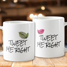 two coffee mugs with the words tweet me right next to each other