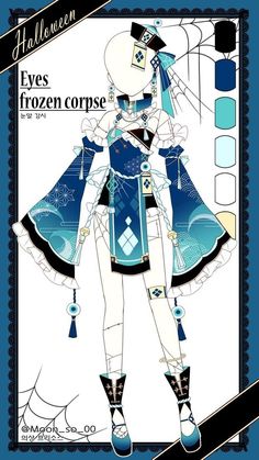 an anime character is dressed up in blue and black clothing with white hair, holding her hands on her hips