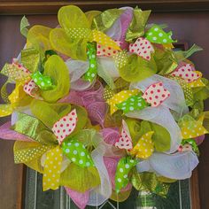 Yellow, Green, Pink And White Deco Mesh Wreath Adorned With Silk Ribbons For A Lively Look. White Deco Mesh Wreath, Spring Summer Wreath, Wreath Accessories, Large Wreath, Mesh Wreath, Deco Mesh Wreaths, Mesh Wreaths, Summer Wreath, Silk Ribbon