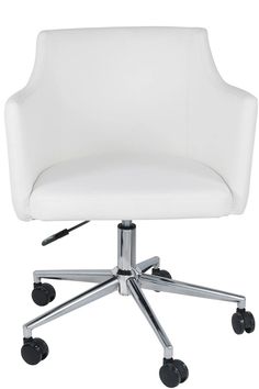 a white office chair with wheels and casteors on an isolated white background, viewed from the front