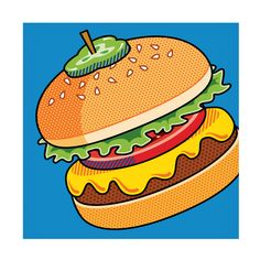 a hamburger with an apple on top and lettuce in the middle, against a blue background