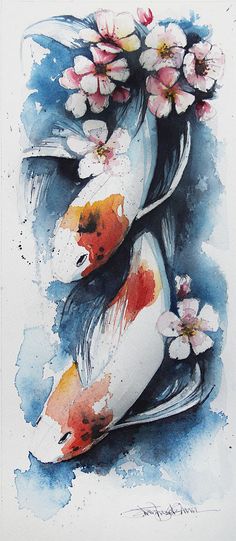 watercolor painting of two koi fish with pink flowers on their heads and body