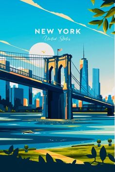 the new york city skyline is shown in this retro style poster, with an image of the brooklyn bridge