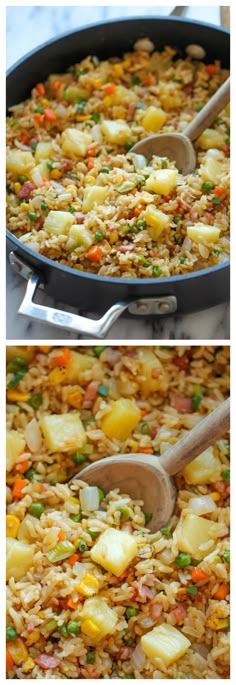 two pictures showing different stages of cooking rice and vegetables