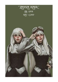 two women with long white hair are dressed in black and grey outfits, one is holding her