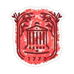 a red and white sticker with an image of a building