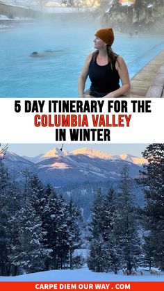 a woman sitting in the snow next to a hot tub with mountains in the background