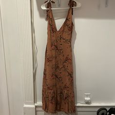 Floral Midi Dress, Tie Straps, V Front And Back, Mauve With Flowers Floral Print Satin V-neck Midi Dress, Feminine Floral Print Midi V-neck Dress, Non-stretch Floral Print V-neck Midi Dress, Floral Print Viscose V-neck Midi Dress, Brown Floral Print V-neck Dress, Floral Midi Dress, Floral Dress, Midi Dress, Womens Dresses