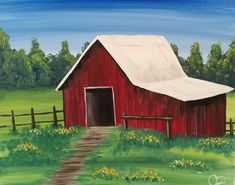 a painting of a red barn with a path leading to it and flowers in the foreground