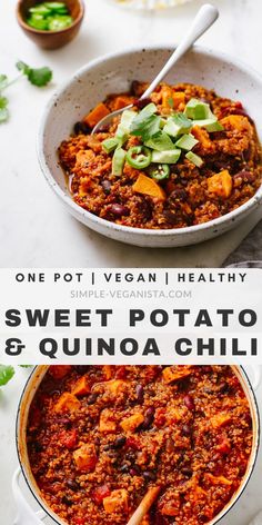 two bowls filled with sweet potato and quinoa chili