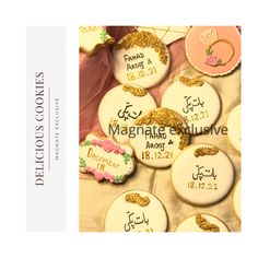 several decorated cookies with arabic writing and images on the top one is for sale in different languages