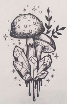 a black and white drawing of a mushroom with crystals on it's back side