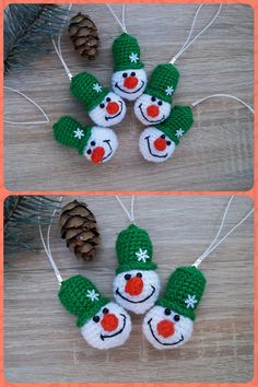 three snowman ornaments hanging from strings with pine cones