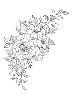 a black and white drawing of flowers with leaves on the bottom half of each flower