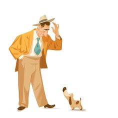 a man in a suit and tie standing next to a dog