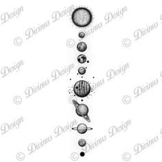 a drawing of planets and the sun on a white background with black dots in it