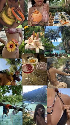 a collage of photos with different people in bikinis and tropical flowers on them