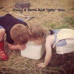 two children are playing with a cooler in the hay and one child is wearing red rubber boots